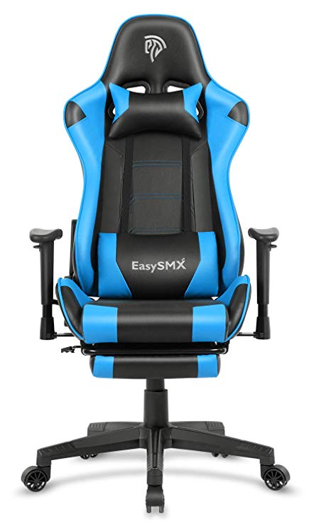 EasySMX Reclining Memory Foam Racing Gaming Chair, Ergonomic High-Back Racing Computer Desk Office Chair with Retractable Footrest and Adjustable Lumbar Cushion (Blue-Black)