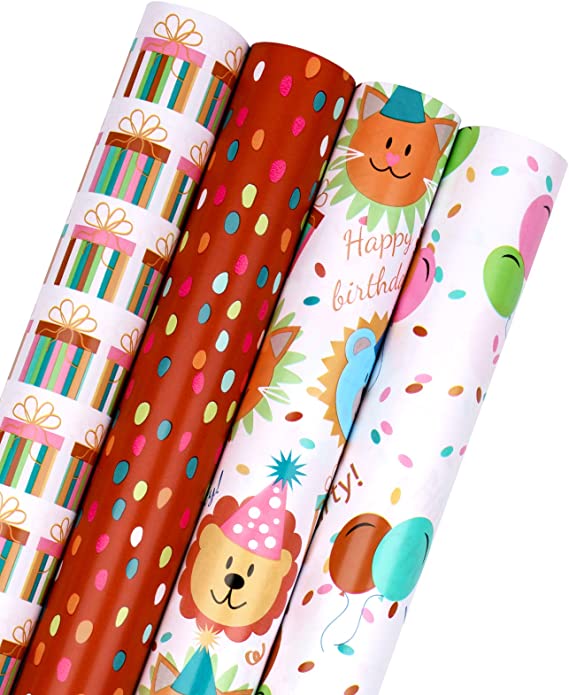 WRAPAHOLIC Birthday Wrapping Paper Roll - Cheerful Animals Party and Balloons Set for Celebrating, Party, Baby Shower Present Packing - 4 Rolls - 30 inch X 120 inch Per Roll