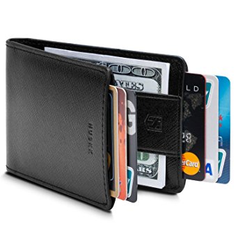 Slim Front Pocket Leather RFID Wallet for Men with Strap Money Clip - Premium Quality Leather - Up to 8 Cards