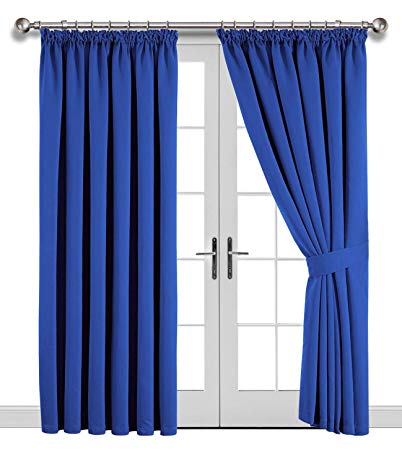 Imperial Rooms Window blinds Blackout Pencil Pleat Curtains Pair of Luxury thermal insulated (Blue / 66x72) Tape Top for Plain Room darkening Nursery Bedrooms Windows treatment with Two Tie Backs
