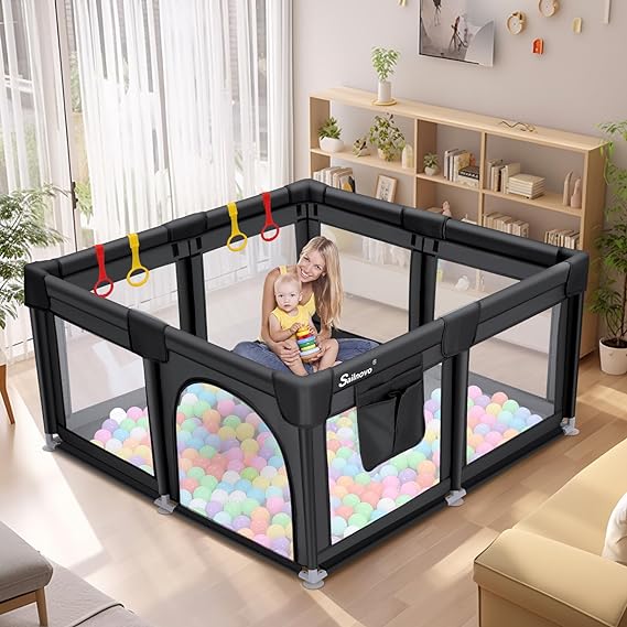 Sailnovo Baby Playpens for Babies and Toddlers, Large Baby Fence Play Pen Yard for Kids Activity Center, Play Pin with 8 Anti-Slip Suckers, 4 Handlers, Storage Bag, Black(51'x51')