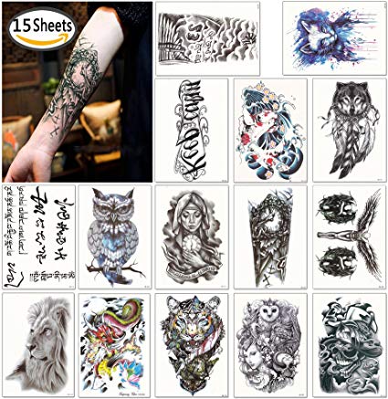 DaLin Large Temporary Tattoos Half Arm Tattoo Sleeves 15 Sheets, Robot Arm, Dead Skull, Koi Fish, Lion, Owl, Dragon, Tiger and more