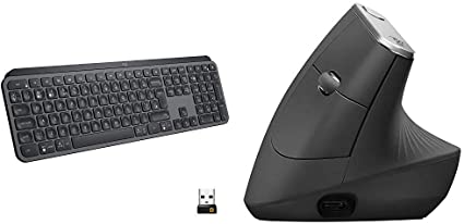 Logitech MX Keys Advanced Wireless Illuminated Keyboard - Graphite & MX Vertical Wireless Mouse (Bluetooth or USB), Rechargeable, Graphite
