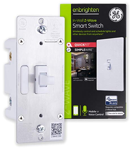 GE Enbrighten Z-Wave Plus Smart Switch with QuickFit and SimpleWire, in-Wall Toggle, Repeater/Range Extender, Zwave Hub Required, Works with Ring Alarm, SmartThings, Wink, Alexa, 46202, White