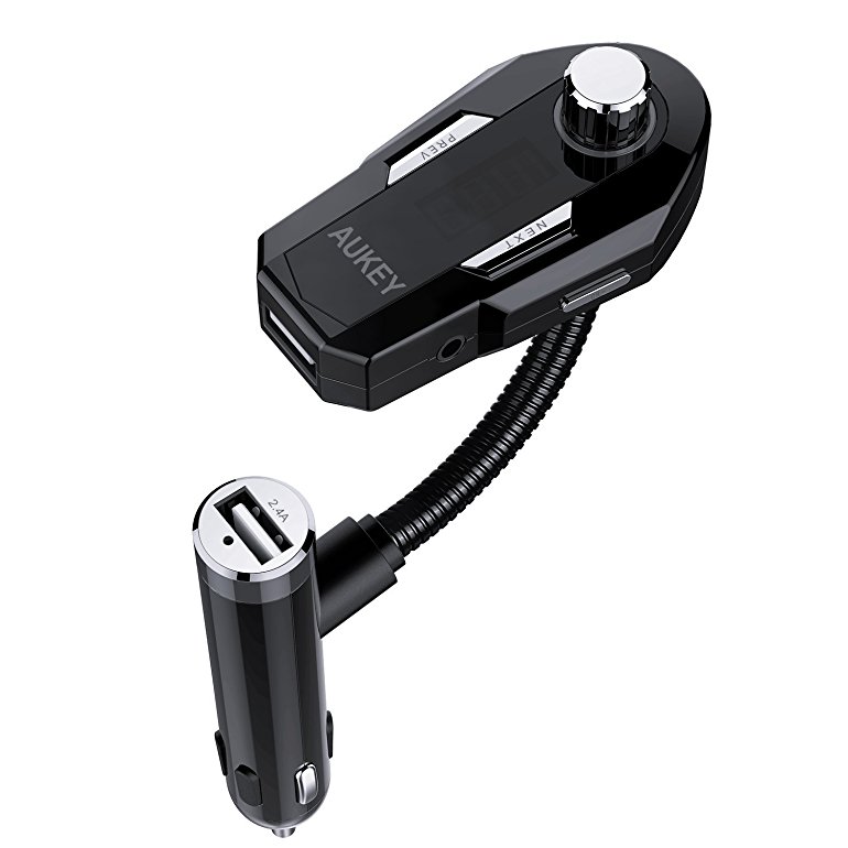 AUKEY Bluetooth FM Transmitter, Wireless Car Kit with 2.4A Car Charger, Audio Input, and USB Input for Mobile Audio Output Devices