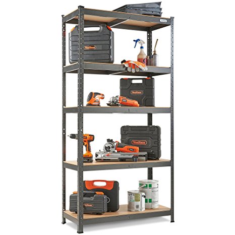 VonHaus 5 Tier Garage Shelving – Metal Racking, Steel & MDF Boltless Shelves - Massive 875kg Capacity 175KG per Shelf | 180cm H 90cm W 40cm D