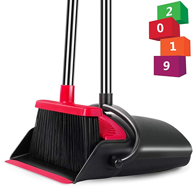 Been5le Extendable Broom and Dustpan Set, Self-Cleaning with Dust Pan Teeth, Long Handle Broom and Dustpan Combo, Upright Broom Set for Home Kitchen Room Office Lobby Floor Use (Black & Red)