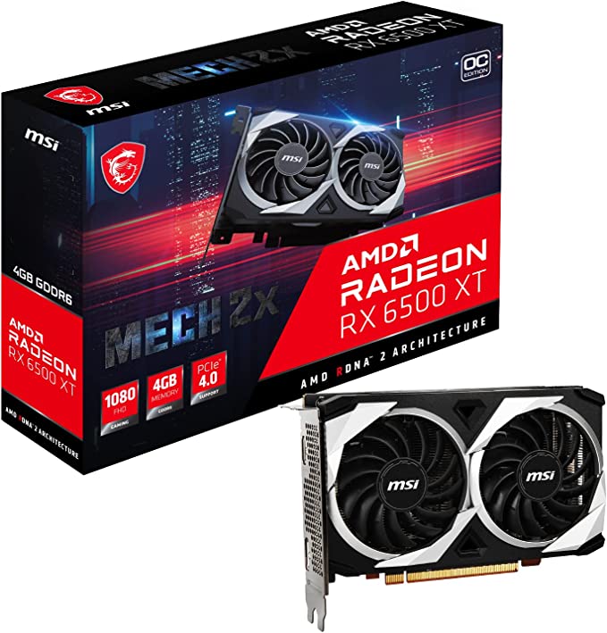 MSI Radeon RX 6500 XT MECH 2X 4G OC Gaming Graphics Card - 4GB GDDR6, 2825 MHz, PCI Express 4 x 4, 64-bit, 1 x DP v 1.4a, HDMI 2.1 (Supports 4K & 8K)