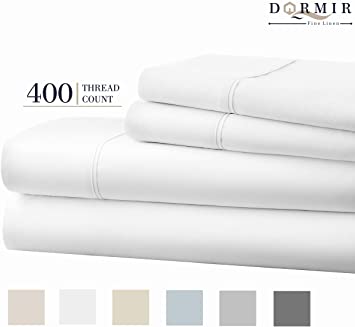 Dormir 400 Thread Count 100% Cotton Sheet Pure White King Sheets Set, 4-Piece Long-Staple Combed Cotton Best Sheets for Bed, Breathable, Soft & Silky Sateen Weave Fits Mattress Upto 18'' Deep Pocket