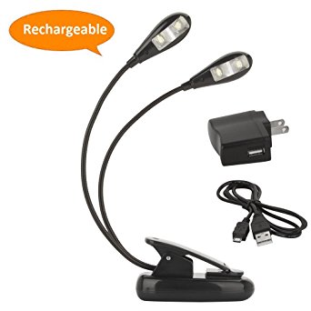 Rechargeable Book Lights, LUXJET Clip On LED Book Light Dual Head Music Stand Lamp with 2 Arms, 4 LEDs, 5 Brightness for Kindle Kids Reading in Bed at Night