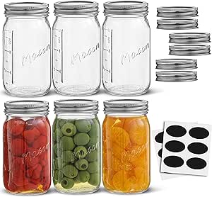 JoyJolt 16 Oz Mason Jars With Lids, Labels and Measures! 6-Pack Regular Mouth Mason Jars, Glass Jar with Lid and Band. Airtight Canning Jars, Overnight Oats Jars, Salad Jars, Sourdough Starter Jar