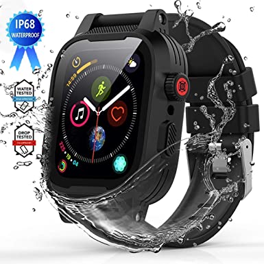 YOGRE Waterproof Case for Series 5/4 44mm, Full Sealed Protective iWatch Case with Built-in Screen Protector, IP68 Waterproof Shockproof Impact Resistant Apple Watch Case with 2 Soft Watch Band, Black