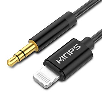 Kinps [Apple MFI Certified] Lightning to 3.5mm Audio Aux Jack Adapter Cord, Nylon Braided MP3 Car Audio Cable Compatible with iPhone Xs/XR/X/8 Plus/8/7 Plus/7, Car Stereo, Home Stereo, (Black)