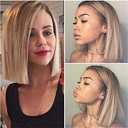 Lady Miranda 14" Straight Hair Bob Wig Ombre Brown to Ash Blonde Color Middle Part Synthetic Full Wigs for Women (Brown&Ash blonde)