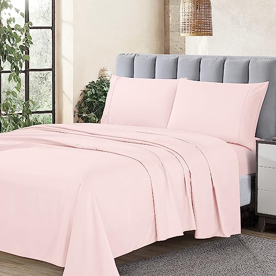 Cathay Home Essentials Ultra Soft Hypoallergenic Wrinkle Resistant Double Brushed Microfiber Bedding Sheet Set, Blush, Full