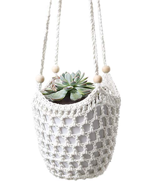 Mkono Macrame Plant Hanger Crochet Hanging Planter Indoor Outdoor Basket With Wooden Beads, 34 Inch