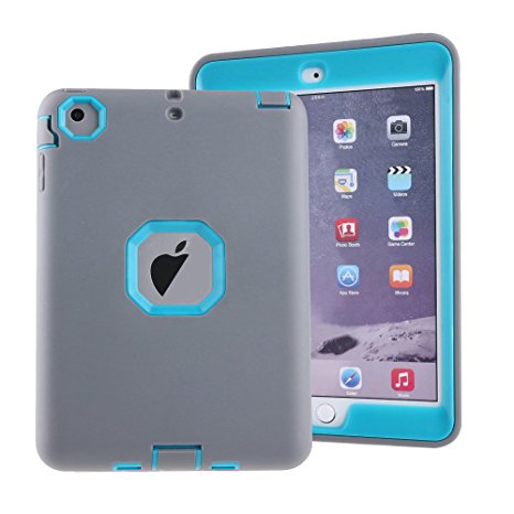 MAKEIT CASE iPad Mini Case iPad Mini 2 3 Case 3in 1 Heavy Duty Protection Combo Hybrid Impact Silicone Hard Case Cover for Apple Ipad Mini 1 2 3 (T-Gray/Blue)