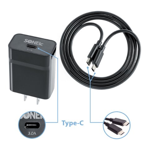 SONEic - USB Type-C (USB-C) Rapid Wall Charger & USB Type-C to Type-C Cable, 15 Watt/3.0 Amp (3A) for Nexus 5X, Nexus 6P, LG G5, HTC 10 & All Other USB Type-C Devices - Black (Charger Cable Included)