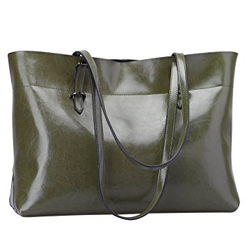 S-ZONE Women's Vintage Genuine Leather Tote Shoulder Bag Handbag (Olive Green)