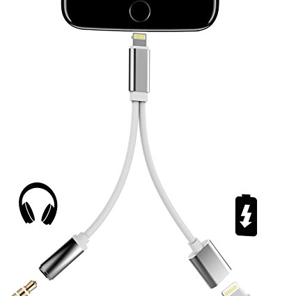 2 in 1 Lightning Adapter for iPhone 7/7 Plus [Silver],IKHISHI iPhone Splitter ,2-Port Lightning Headphone Audio and Charger Adapter for iPhone 7/7 Plus and More