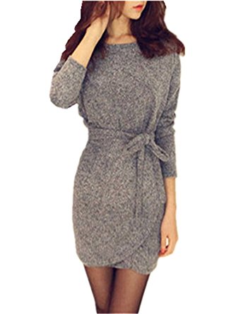 ZANZEA Sexy Womens Long Sleeve Pullover Slim Wrap Sweater Mini Dress With Belt