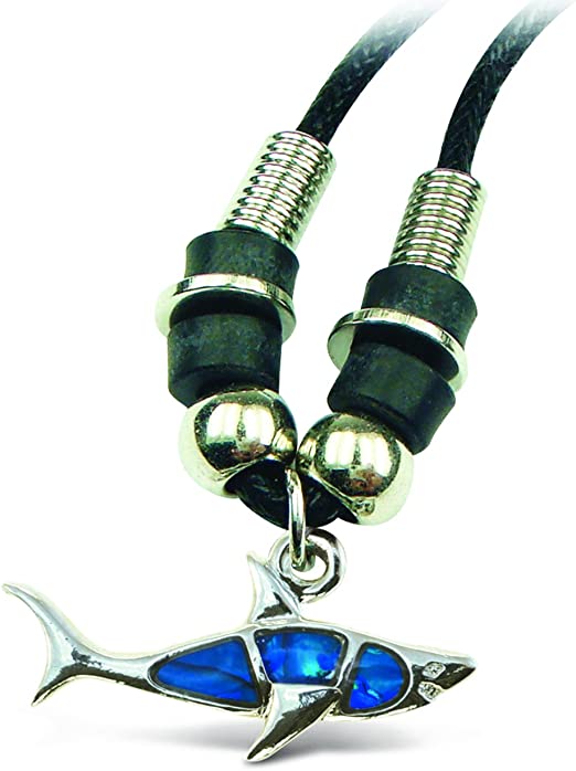 Puzzled Blue & Silver Aqua Shark Necklace, 18 Inch Fashionable & Elegant Wild Style Chain Jewelry with Genuine New Zealand Paua Shell Round Pendant Sea Marine Life Themed Unisex Fashion Neck Accessory