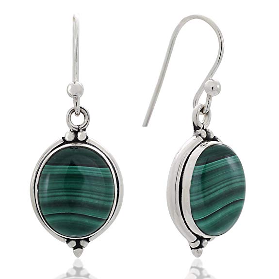 925 Oxidized Sterling Silver Natural Gemstone Oval Shaped Vintage Dangle Hook Earrings 1.3"