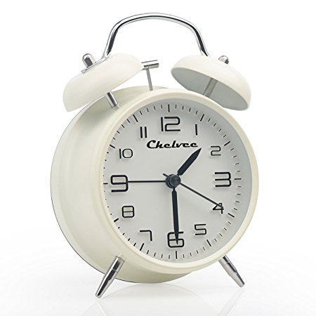 Chelvee(TM) 4” Antique Twin Bell Analog Quartz Alarm Clock with Nightlight, Silent Clock Mechanism, Non Ticking, Loud Alarm Bell, Battery Operated. (White)