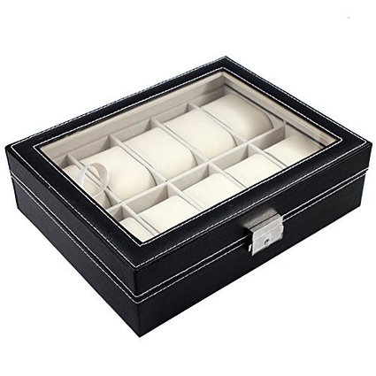 Nulink 10 Grids Top Glass Display Black Leather Watch Jewelry Storage Case Organizer With Lock and Key