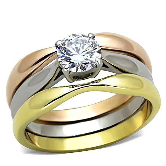 1000 Jewels Chelsea: 0.75ct Russian Ice on Fire CZ 3pc 3-Tone Wedding Ring Set 316 Steel, 3188A