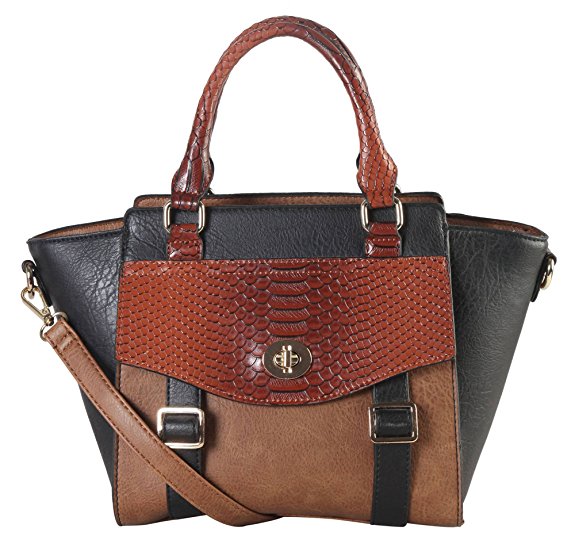 Diophy PU Leather Two Tone Front Pocket with Snake Skin Pattern Flap & Buckle Décor Top Handle Handbag Accented with Removable Strap Womens Purse PS-3375