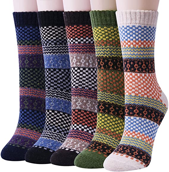 Loritta Women's 5 Pairs Vintage Style Winter Knitting Warm Wool Crew Socks