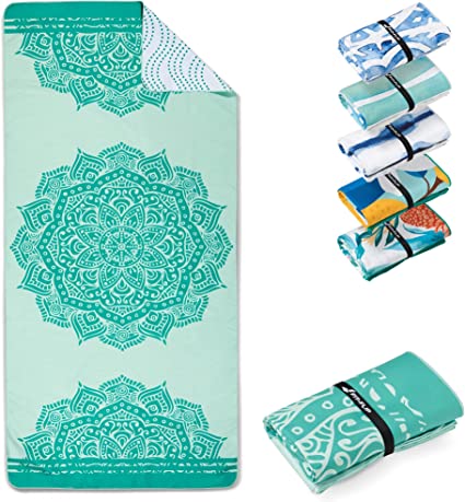 Fit-Flip Beach towel - large microfibre towel - lightweight, compact and super absorbent - sand free quick dry towel, 100% recycled microfibre travel towel - Mandala 200x90cm