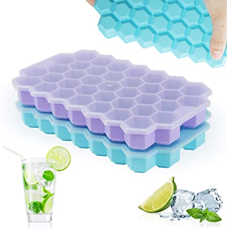 Ice Cube Trays, TGJOR 2 Pack Silicone Flexible Ice Cube Molds with Lid, 74 Cubes Ice Trays for Chilled Drinks, Whiskey & Cocktails, Stackable Flexible Safe Ice Cube Molds (blue purple)
