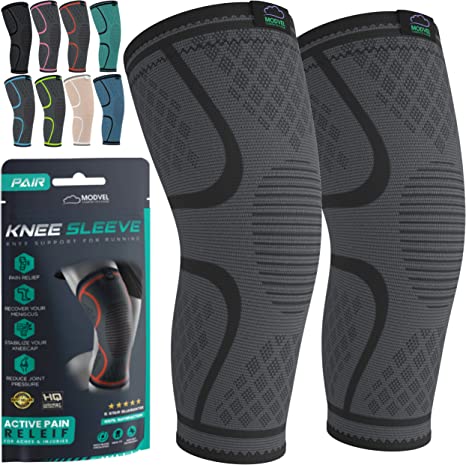 MODVEL 2 Pack Knee Compression Sleeve | Best Knee Brace | Knee Support for Arthritis, ACL, Meniscus Tear, Running, Biking, and Sports | Joint Pain Relief.