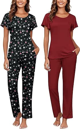 Ekouaer 2 Pack Womens Pajama Sets Short Sleeve with Long Pajama Pant Set Soft Sleepwear Printed Pj Lounge Sets with Pockets