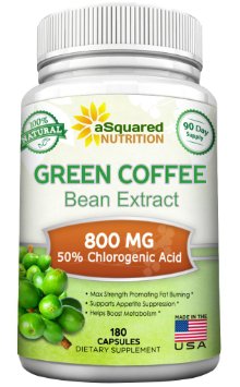 100% Pure Green Coffee Bean Extract - 180 Capsules - Max Strength Natural GCA Antioxidant Cleanse for Weight Loss, 800mg w/ 50% Chlorogenic Acid per Pill, 1600mg Daily Supplement, Healthy Fat Burner