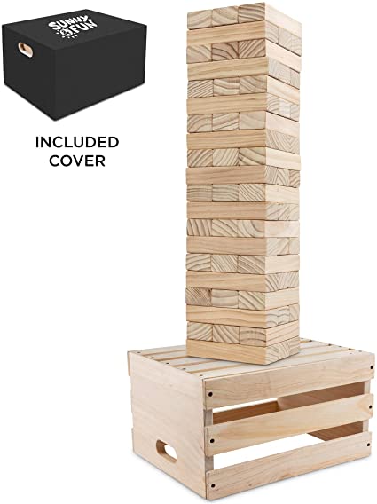 Sunny & Fun Giant Tumbling Tower | 60 Piece Set Stacks to 5  Feet | Oversized Wooden Toppling Block w/ 2-in-1 Storage Table Crate | Outdoor Stacking Game for Adults Kids | for Party Yard Lawn Backyard