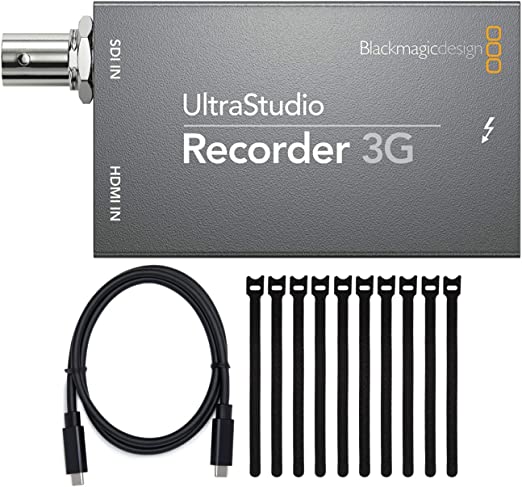 Blackmagic Design UltraStudio Recorder 3G Capture Device with Thunderbolt 3 (40 Gbps) USB-C Cable (100W, 0.5m) and 6-Inch fastening cable ties (10-Pack, Black) bundle (3 Items)