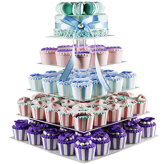 DYCacrlic Cupcake Holder Stand and Cupcake Tower – 5 Tier, Acrylic, Square Shaped Desserts Tower – Durable 4mm Thick Plates – Easy To Assemble, Disassemble, Wash & Store – Suitable For All Special Occasions Baking Cups