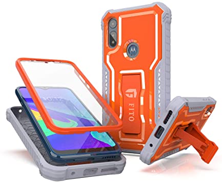 FITO Moto E Phone Case, Dual Layer Shockproof Heavy Duty Case for Motorola Moto E 2020 Phone with Screen Protector, Built-in Kickstand (Orange, 6.2 inch)