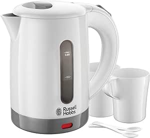 Russell Hobbs Bouilloire Electrique [Petite & Légère] Travel (Idéale pour voyage, 850 ml, 1000W, 2 Tasses   cuilères incluses, Voltage universel,Niveau d'eau Visible, Filtre anticalcaire) 23840-70