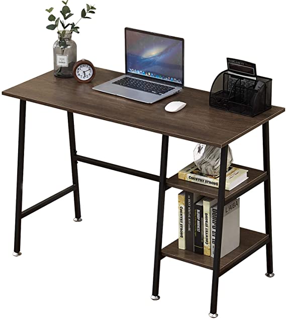 VECELO Computer Storage Workstation Study Desk Writing Table with 2 Tier Shelves for Office and Home, Brown