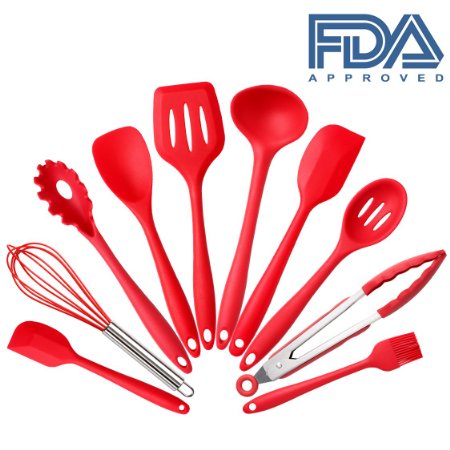 Set of 10 Pieces Silicone Kitchen Cooking Utensils With Hygienic Solid Coating,Heat Resistant Baking Spoonula,Brush,Whisk,Large and Small Spatula,Ladle,Slotted Turner and Spoon,Tongs,Pasta Fork Red