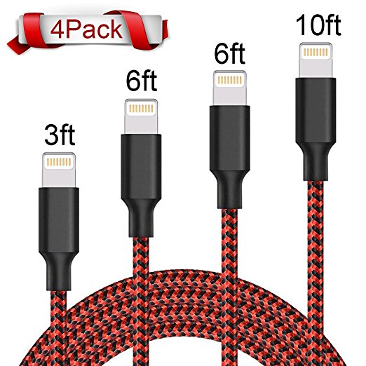 Lightning Cable,AOFU Charger Cables 4Pack 3FT 6FT 6FT 10FT to USB Syncing and Charging Cable Data Nylon Braided Cord Charger for iPhone 7/7 Plus/6/6 Plus/6s/6s Plus/5/5s/5c/SE and more-Black&Red-