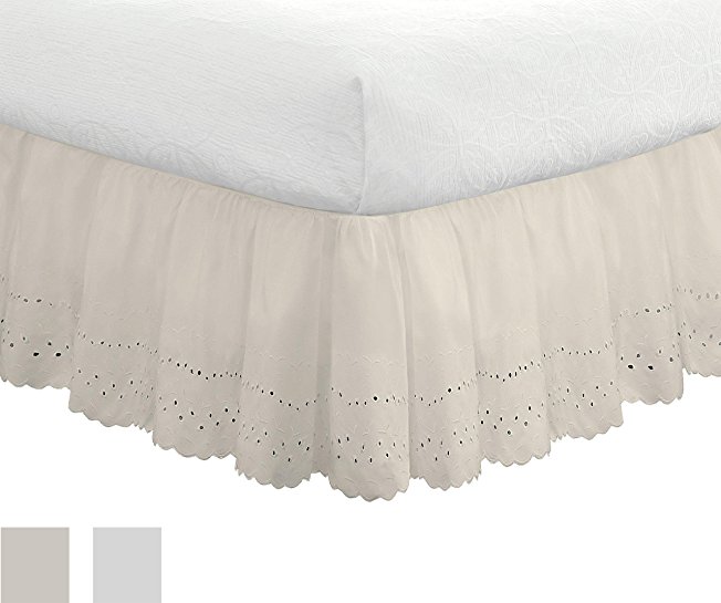 Eyelet Ruffled Bedskirt – Ruffled Bedding with Gathered Styling –14” Drop, Twin, Bone Ivory