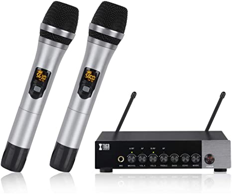 XTUGA UH110 UHF Dual Channel Wireless Handheld Microphone, Easy-to-use Karaoke Bluetooth Microphone System with Treble/Bass/Echo Effect (Receiver Built-in Battery)