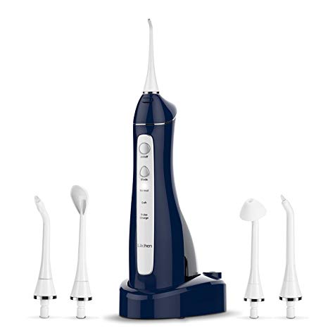 Lächen Rechargeable Water Flosser Cordless Dental Oral Irrigator 3 Modes Leak-Proof 220ml with 5 Jet Tips Portable Travel Case, Navy blue