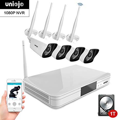 Wireless Security Camera System Outdoor, UNIOJO 2.0MP 1080P Waterproof IP66 Indoor Outdoor Home Surveillance IP Camera with 8CH CCTV NVR Recorder (1T Hard Drive), Night Vision, Motion Detection