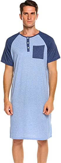 Skylin Cotton Sleep Shirt Men V-Neck Nightshirts Short Sleeve Henley Shirt Lounge Sleepwear M-XXXL